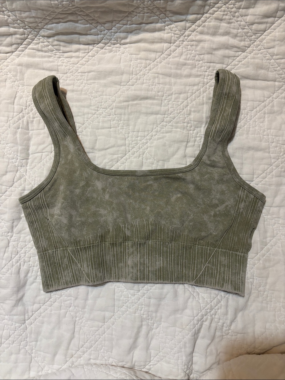 Seamless Acid Wash Ribbed Sports Bra Sage Green Size S Square Neck